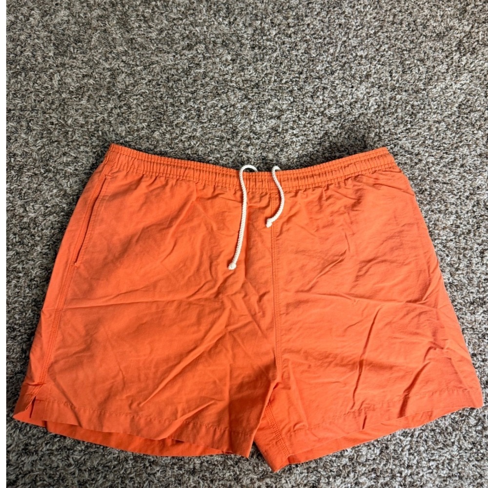 Galyans Mens‎ Orange Swim Trunks Mesh Lined Board Shorts L Drawstring 5" inseam